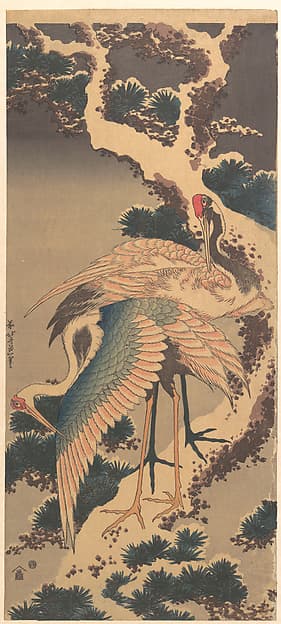 Кацусика Хокусай. Журавли на ветви заснеженной сосны, 1820 года.
