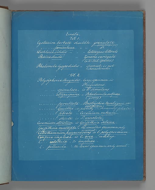 Анна Аткинс. Исправления к «Фотографиям британских водорослей», около 1853 года.
