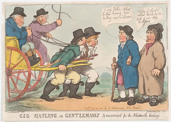 Томас Роулендсон. Графический лист «Gig Hauling, or Gentlemanly Amusement for the Nineteenth Century», 1801 года.