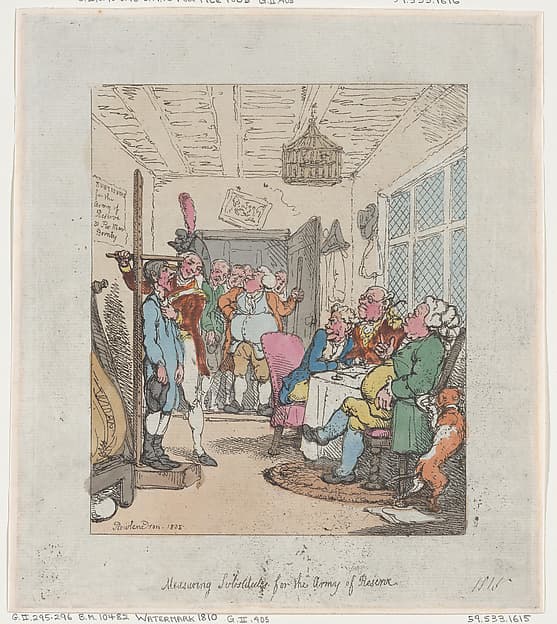 Томас Роулендсон. Графический лист «Measuring Substitutes for the Army of Reserve», 1805 года.