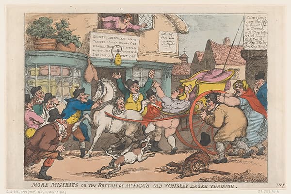 Томас Роулендсон. Графический лист «More Miseries: The Bottom of Mr Figg's Old Whiskey Broke Through», 1807 года.