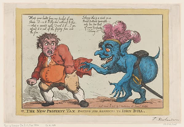 Томас Роулендсон. Графический лист «The New Property Tax Paying His Respects To John Bull», 1806 года.