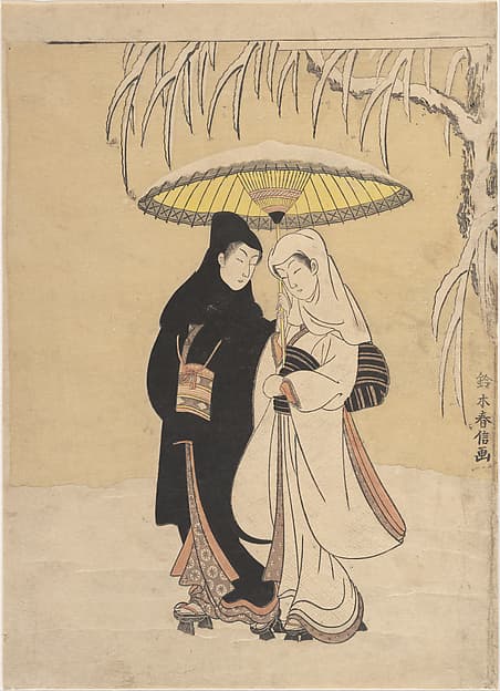 Судзуки Харунобу. Гравюра «Lovers Walking in the Snow (Crow and Heron)», 1764–1772 годов.