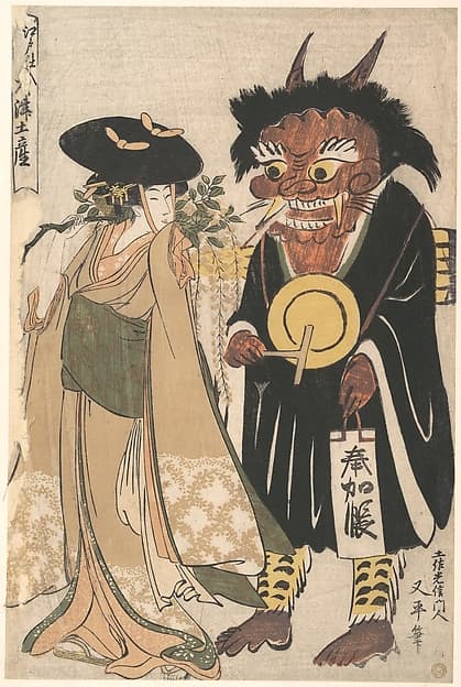Китагава Утамаро. Гравюра «Wisteria Maiden with an Ōtsu Demon Dressed as an Itinerant Monk, from the series Souvenir Paintings from Ōtsu, Stocked in Edo (Edo Shi-ire Ōtsu Miyage)»