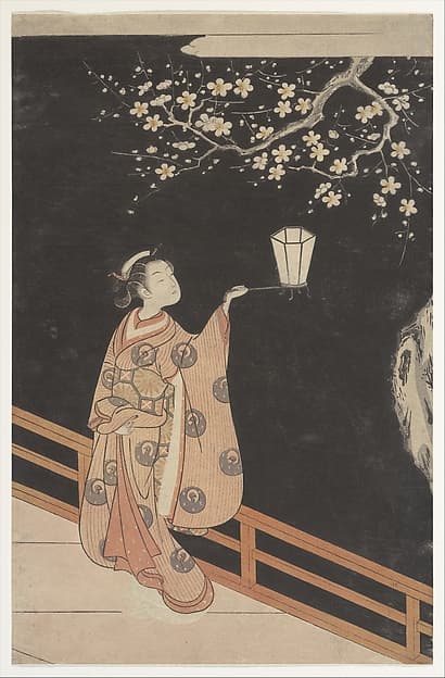 Судзуки Харунобу. Гравюра «Woman Admiring Plum Blossoms at Night», около 1766 года.