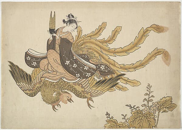 Судзуки Харунобу. Гравюра «Young Woman Riding a Phoenix», 1766 года.
