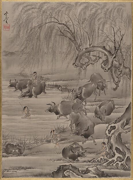 Каванабэ Кёсай. Произведение «Buffalo and Herdsman», около 1887 года.