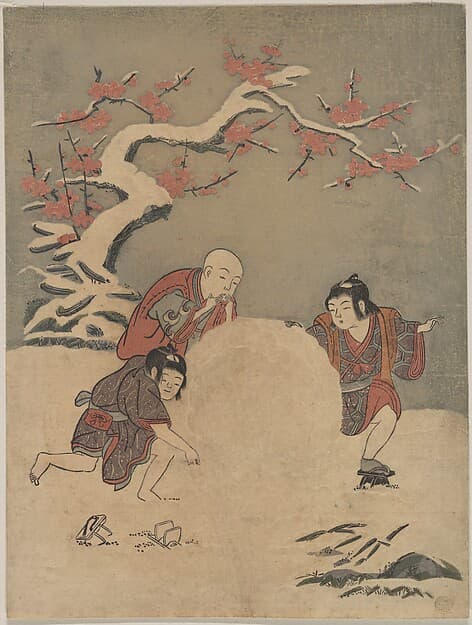 Судзуки Харунобу. Гравюра «Three Boys Making a Snowman»