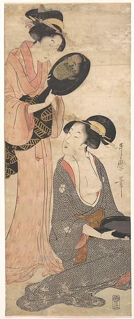 Китагава Утамаро. Гравюра «Two Ladies, Each with a Portion of a Lacquered Mirror»