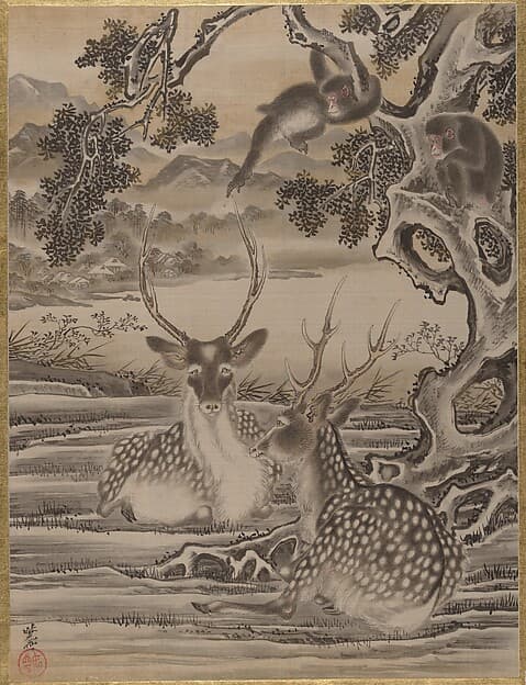 Каванабэ Кёсай. Произведение «Deer and Monkeys», около 1887 года.