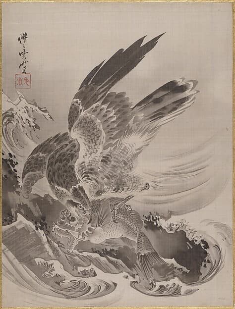 Каванабэ Кёсай. Произведение «Eagle Attacking Fish», около 1887 года.