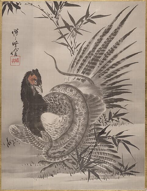 Каванабэ Кёсай. Произведение «Pheasant Caught by a Snake», около 1887 года.
