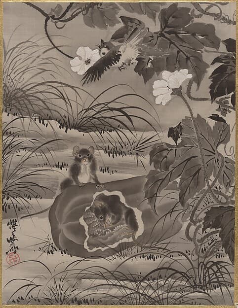 Каванабэ Кёсай. Произведение «Rats and Gourd», около 1887 года.