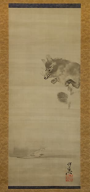 Каванабэ Кёсай. Произведение «Tanuki (Racoon Dog) Viewing Its Reflection in Water»