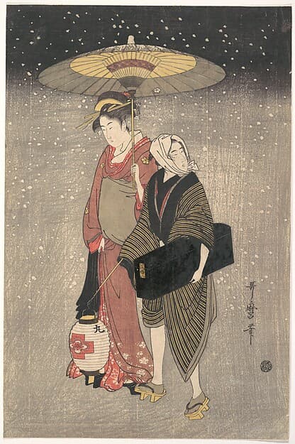 Китагава Утамаро. Гравюра «Geisha Walking through the Snow at Night»