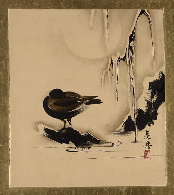 Сибата Дзэсин. Произведение «Lacquer Paintings of Various Subjects: Bird and Willow in Snow», 1882 года.