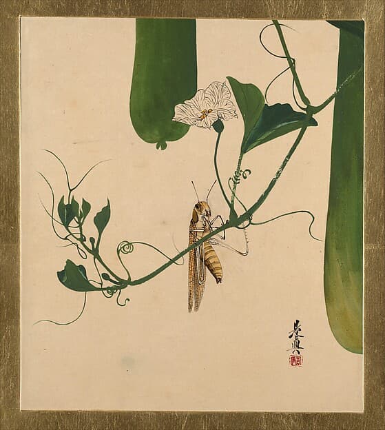 Сибата Дзэсин. Произведение «Lacquer Paintings of Various Subjects: Grasshopper on Gourd Vine», 1882 года.