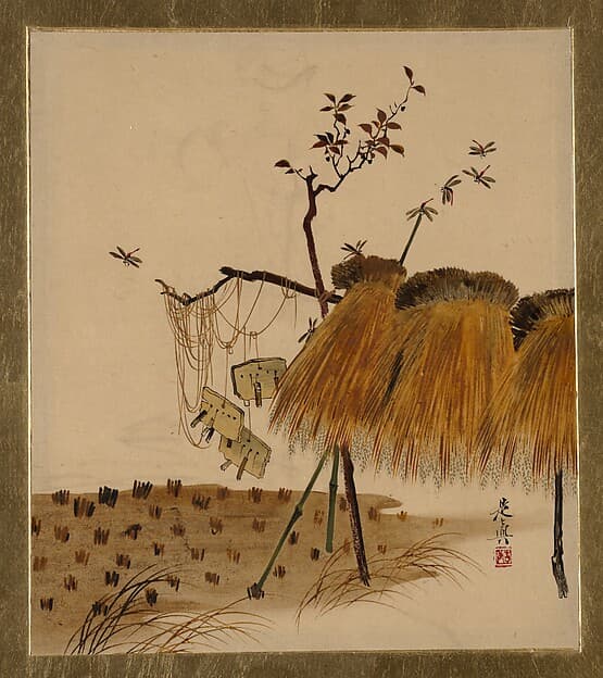 Сибата Дзэсин. Произведение «Lacquer Paintings of Various Subjects: Stack of Rice and Dragonflies», 1882 года.