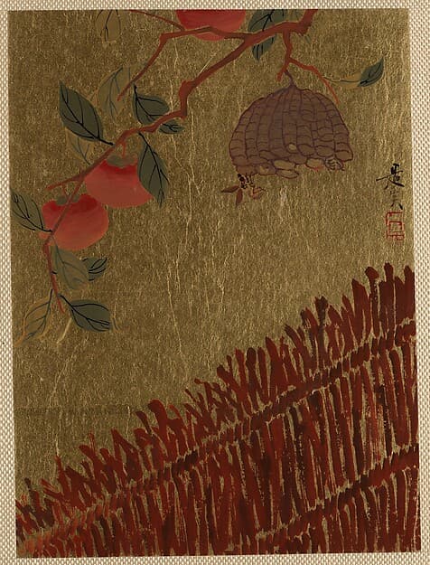Сибата Дзэсин. Произведение «Persimmons Branch and Wasp Nest above a Hedge», 1807 год.