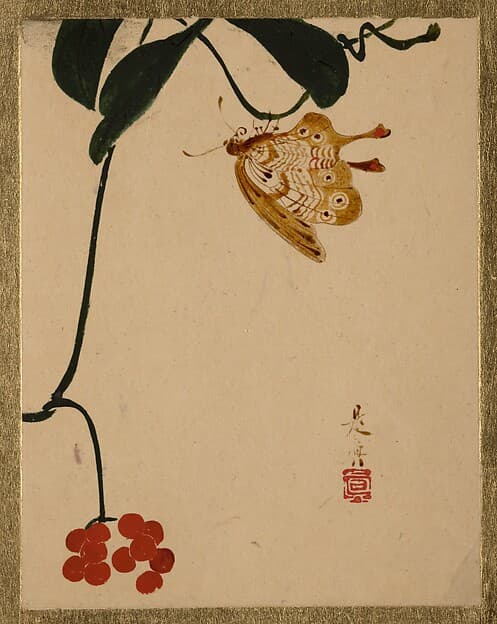 Сибата Дзэсин. Произведение «Red Berry Plant and Butterfly», 1807 год.