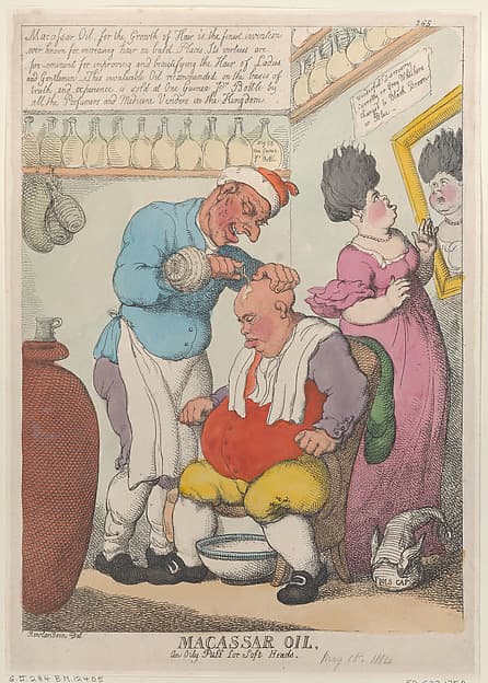 Томас Роулендсон. Графический лист «Macassar Oil, An Oily Puff for Soft Heads», 1814 года.