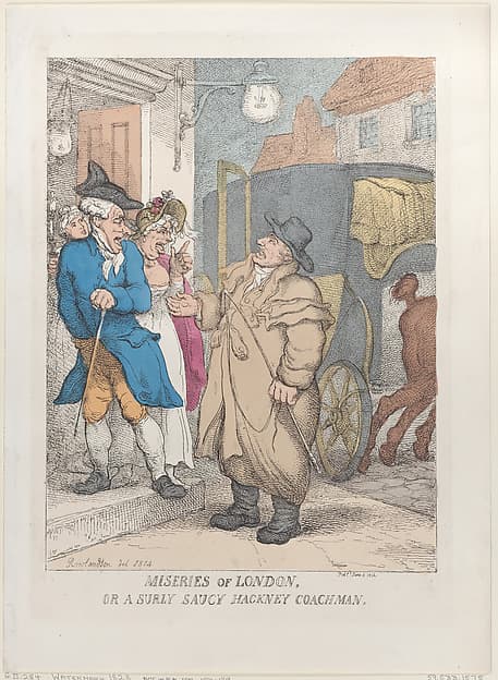 Томас Роулендсон. Графический лист «Miseries of London, or a Surly Saucy Hackney Coachman»